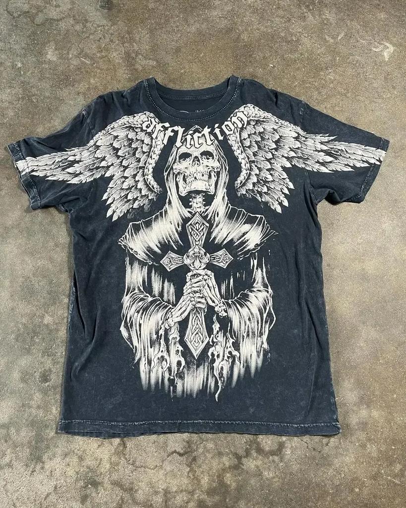 Dark Purple Street Affliction Big wing T shirt Vintage Clothing Punk Hip Hop Graphic Print Oversized tops Men Round Sleeve tee