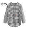 Women Autumn Hoodie Striped Print Contrast Color Drawstring Irregular Hem Long Sleeve Hooded Loose Pullover Casual Soft Lady Spring Sweatshirt