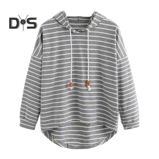 Women Autumn Hoodie Striped Print Contrast Color Drawstring Irregular Hem Long Sleeve Hooded Loose Pullover Casual Soft Lady Spring Sweatshirt