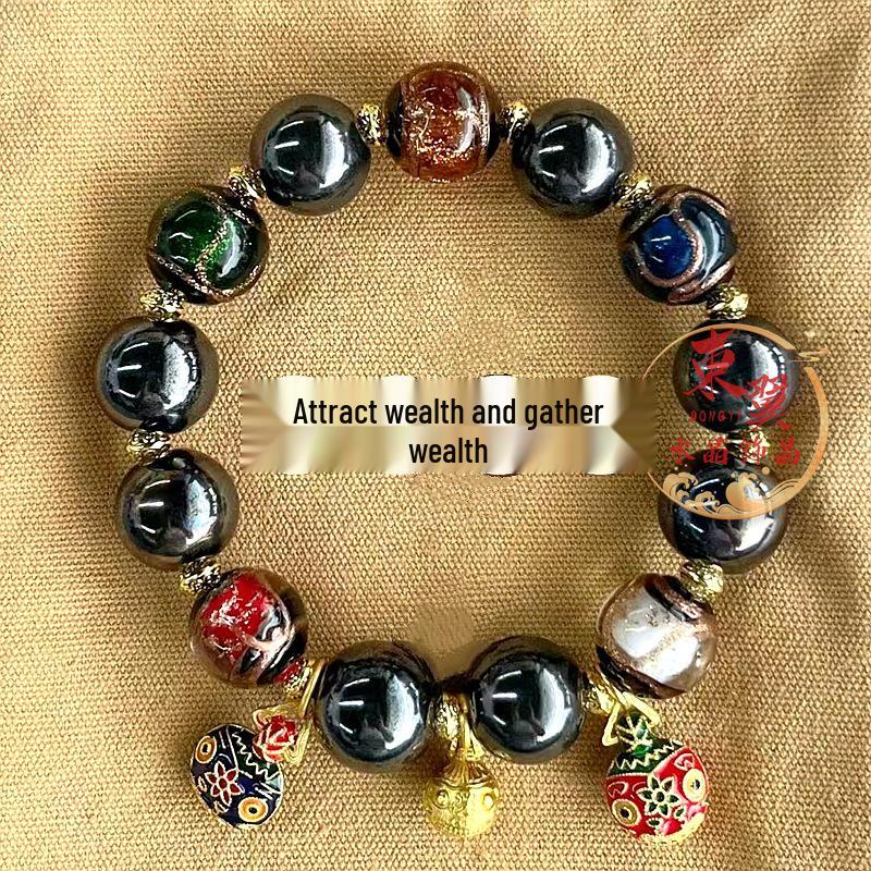 Golden Beast Black Ceramic Beads Bracelet with Five-Color Glaze - Men s Ash Porcelain and Gold Foil Family of Three Bracelet Accessories.