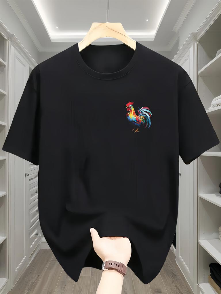 Men's summer 100% pure cotton fashionable casual loose sports bright rooster print round neck short sleeved T-shirt top