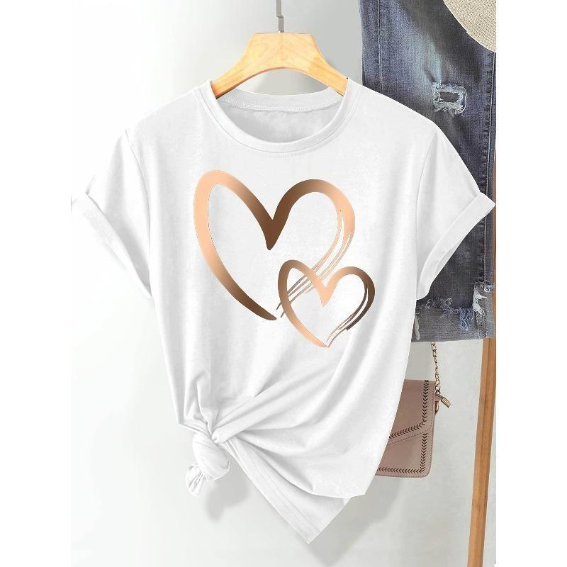 European sizes Women's Casual Short Sleeve T-Shirt - Double Heart Print Retro Style, Soft Stretch Fabric, Round Neck, Machine Washable