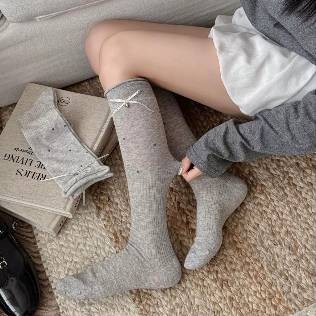 Spring and Summer Thin Calf Socks Women's Hollow Mesh Polka Dot Bow Miu Series Versatile Stacking Socks Children