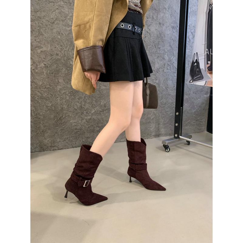 Two wear 2025 autumn and winter new pointed thin heel high heel boots western cowboy boots suede metal buckle short boots medium boots