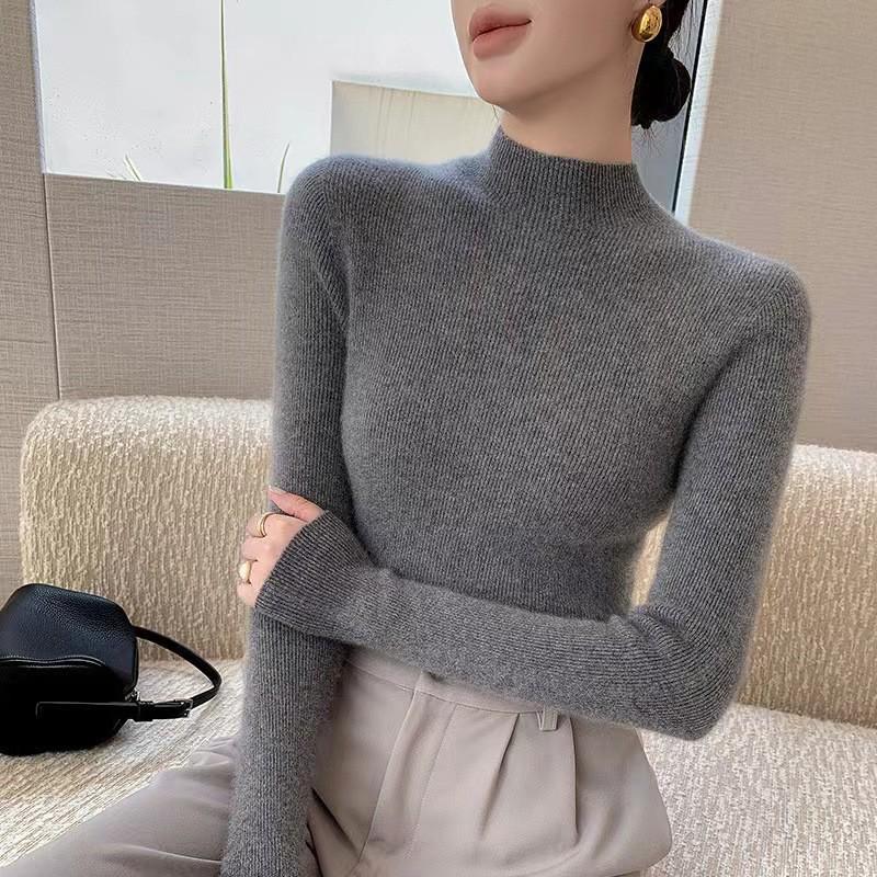 Women's Black Wool Semi-High Neck Base Layer Sweater - Soft, Comfortable, Slimming Fit for Autumn/Winter.