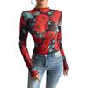 Spring and Summer Women Sheer Roses Floral Print Long-sleeved Small Stand-up Net Versatile Closet Essential Fashion Items Shirt