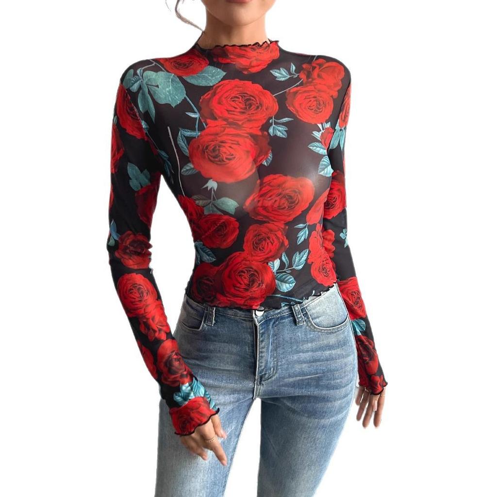 Spring and Summer Women Sheer Roses Floral Print Long-sleeved Small Stand-up Net Versatile Closet Essential Fashion Items Shirt