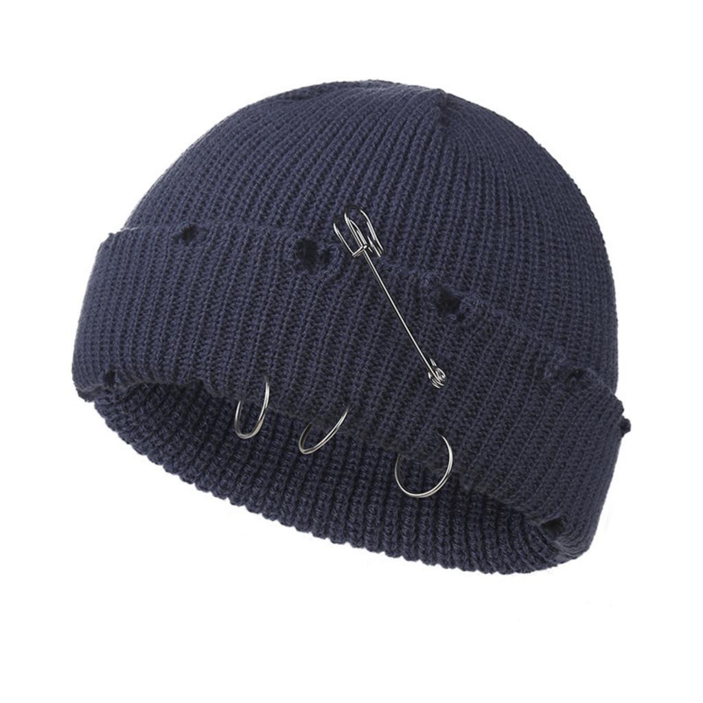 Fall And Winter Trendy Solid Color Safety Pin Iron Ring Knitted Wool Hat, Vintage Holey Pullover Wool Hat