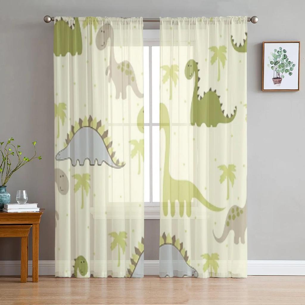 Animal Green Dinosaur Plant Tulle Sheer Window Curtains for Living Room Kitchen Children Bedroom Voile Hanging Curtain