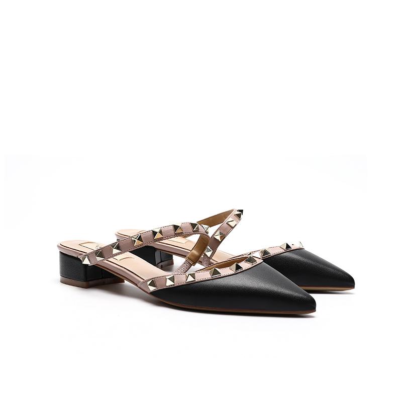 Summer new versatile willow thick heel middle heel shoes rivet pointed half drag sandals women's bag head outer wear women's shoes