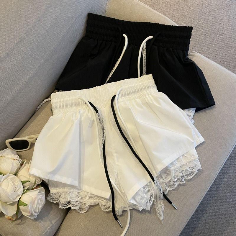 Damen Sommer Schwarze High-Waist Weitbeinige Hose mit Spitzenpatchwork und Tunnelzug Elastischer Bund.