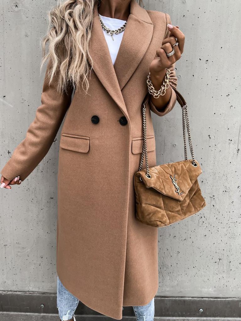 Women's Long Double Breasted Blazer Coat In Beige, Light Gray, Black & Off White with Notched Lapel