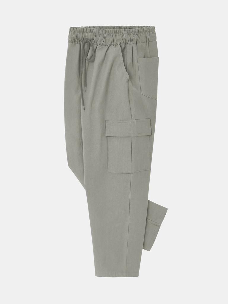 IKALOOK Linen Washed Spandex Elastic Waist Cargo Pants Cpt110