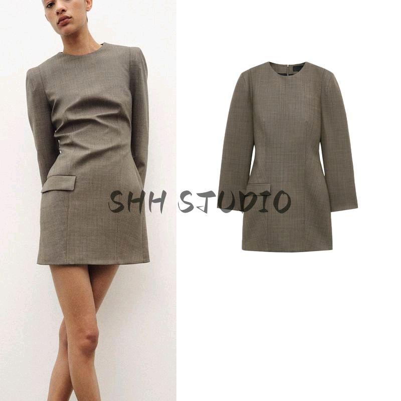 Spring New Women clothes European and American Leisure round Neck Long sleeve Fleece Blended Belt Shoulder Pad Dress 2323261