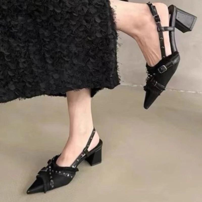 New in Sexy Fashion T-Strap Ladies Heels Shoes Female Slides Pointed Toe Mules Rivet Women Thin High Heels Shoes Footwear