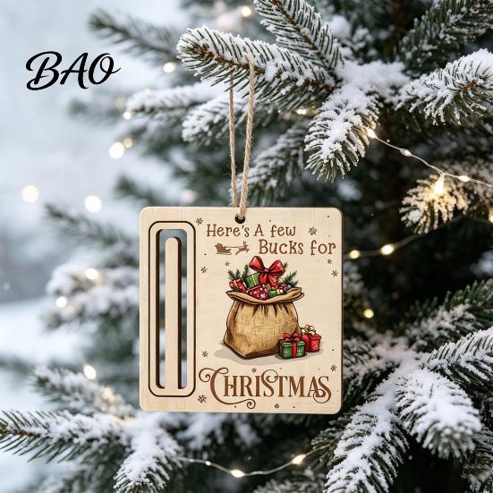 Elk Pattern Xmas Tree Pendants Rustic Santa Reindeer Money Holder Ornament, Wooden Cash Gift Card Holiday Holders Clip with Slot, Christmas