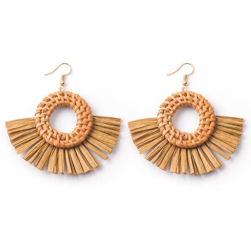Hand-Woven Geometric Rattan Raffia Earrings, Retro Resort Fan Stud Earrings, Earrings For Women