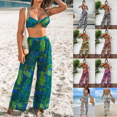 Sexy Sommer-Strand-Netz-Bikini-Set für Damen, dreiteilige bedruckte Badebekleidung mit langer Hose