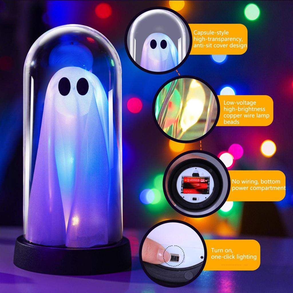 Ghost Night Light Light Up Ghost in Cloche Scary Cute LED Battery Operated Tabletop Lamp for Party Kitchen Holiday Halloween