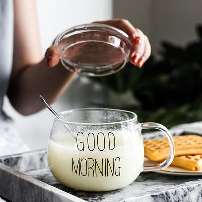350 ml hitzebeständiges Glas mit Griff, Milchbecher, Frühstückstasse, Mikrowellenbecher, rund, lustige Einzeltasse, weißer Buchstabe mit rundem Deckel