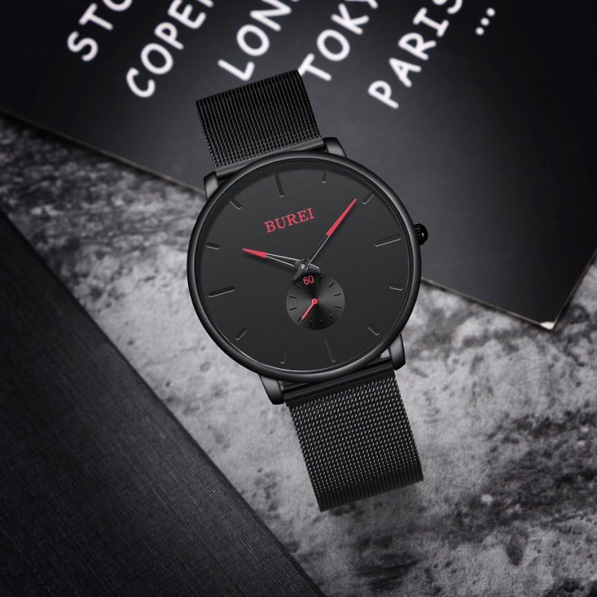 BUREI Men's Black Watch, Simple, Stylish, Popular, Men's Black Watch with Leather Strap (AMJP-1, Stainless Steel)