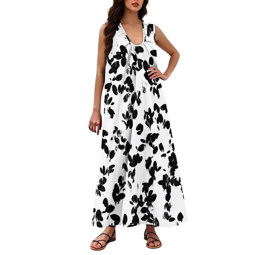 Women's Fashion Casual A-line Floral Printed Hammer Feel Loose Long Skirt With Pockets