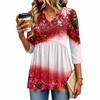 Women's Casual V-Neck Three-Quarter Sleeve Christmas Print Blouse for Holiday Party