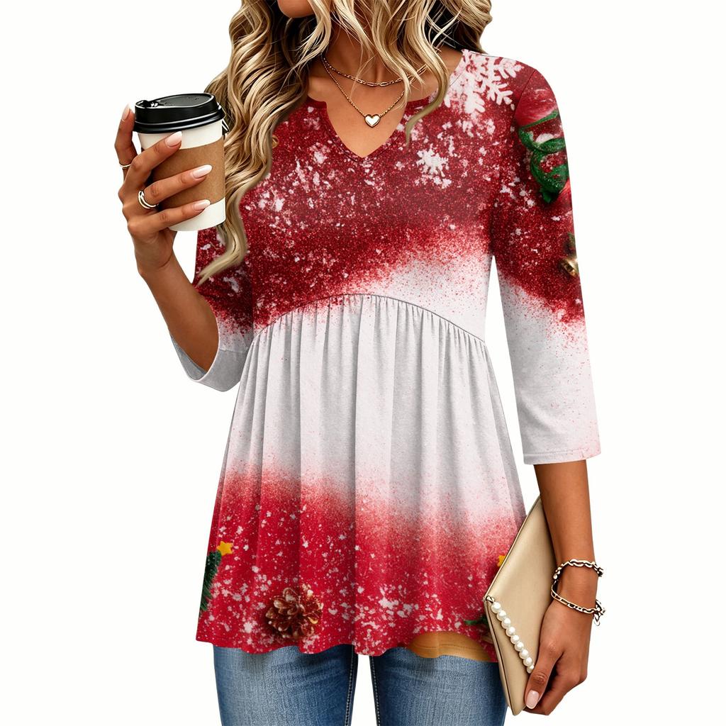 Women's Casual V-Neck Three-Quarter Sleeve Christmas Print Blouse for Holiday Party