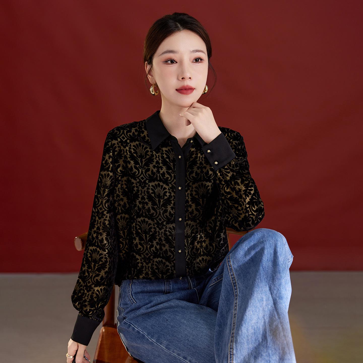 

Блузка из выжженного бархата с длинным рукавом – Женская роскошная мода, Свободный крой, Неподвластная времени. XL