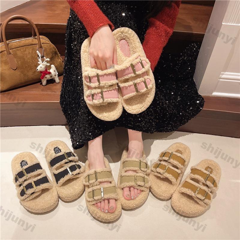 Women's Slippers Belt Buckle 2024 Autumn/winter Thick Soled Boken Plush Fluffy Slippers New Korean Outdoor Fashion Cotton Shoes