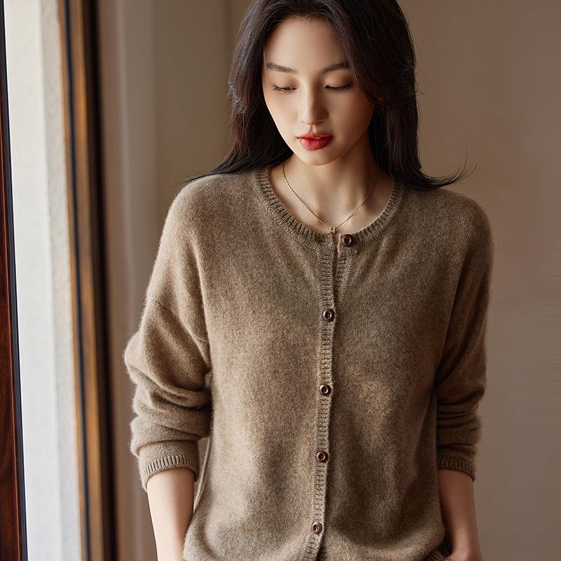 Women's Wool Cashmere Cardigan: Solid Color, Round Neck, Stylish, Long Sleeve, Loose Fit Sweater Jacket