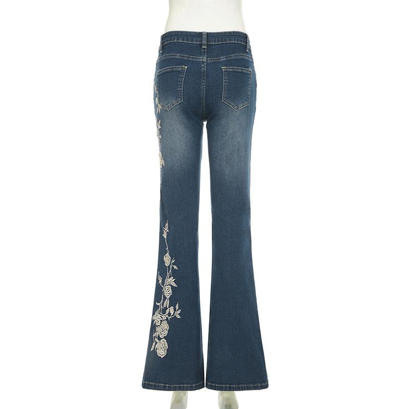 Plant Printed Embroidery Y2K Flare Jeans Women Vintage Skinny Boot Cut Trousers Fashion Street 2000s Denim Pants Fall