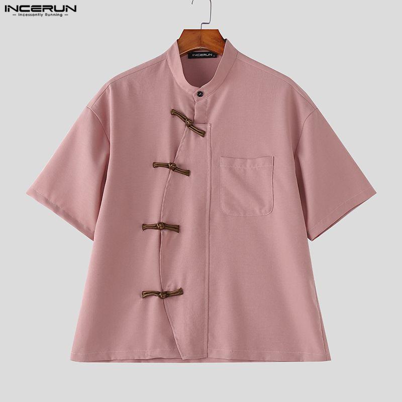 INCERUN Oversized Men Summer Short Sleeve Side Buttons Casual Vintage Tops Shirts