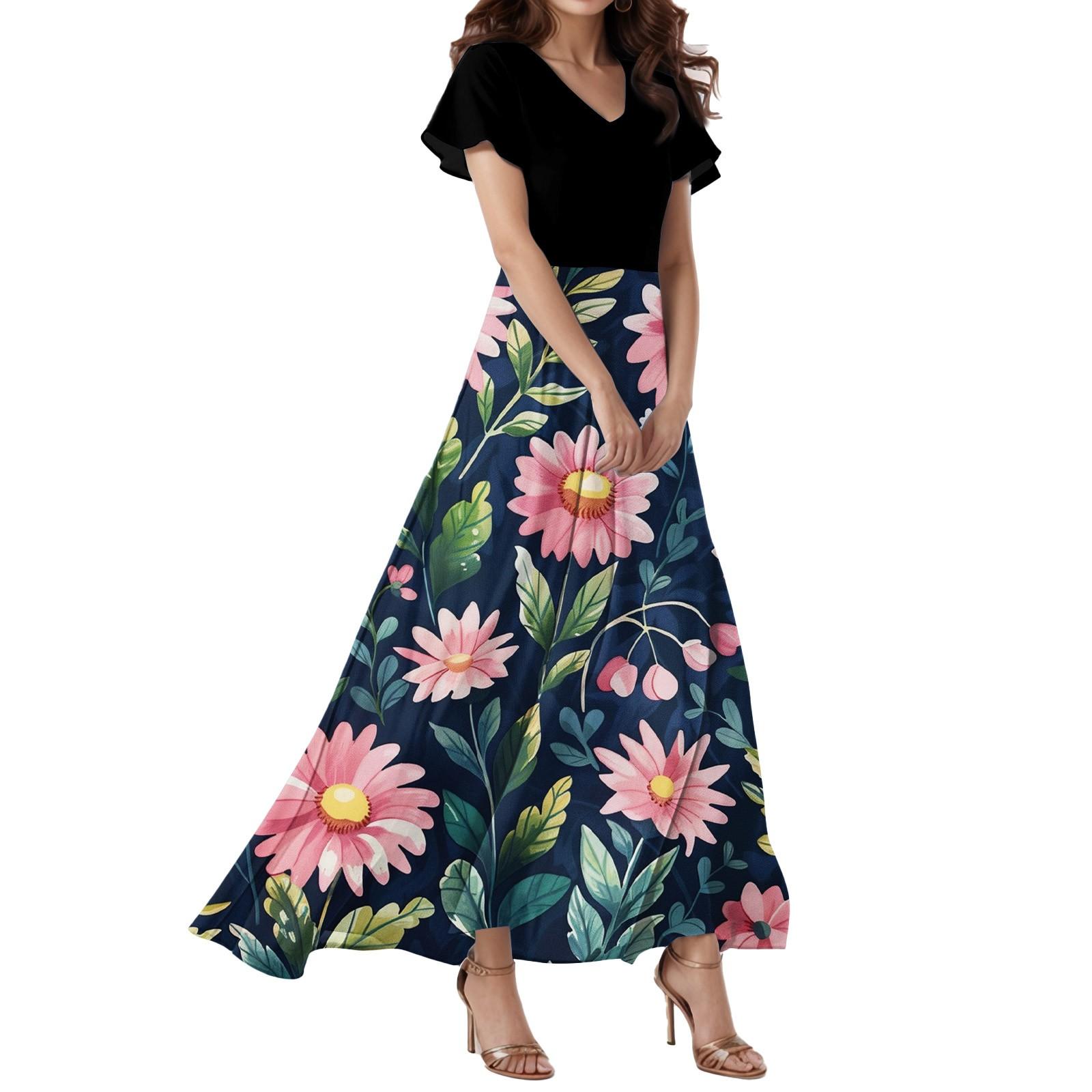 

Women s Loose Casual V-Neck Short Sleeved High Waisted Floral Print Dress Floral Print Dress L синій