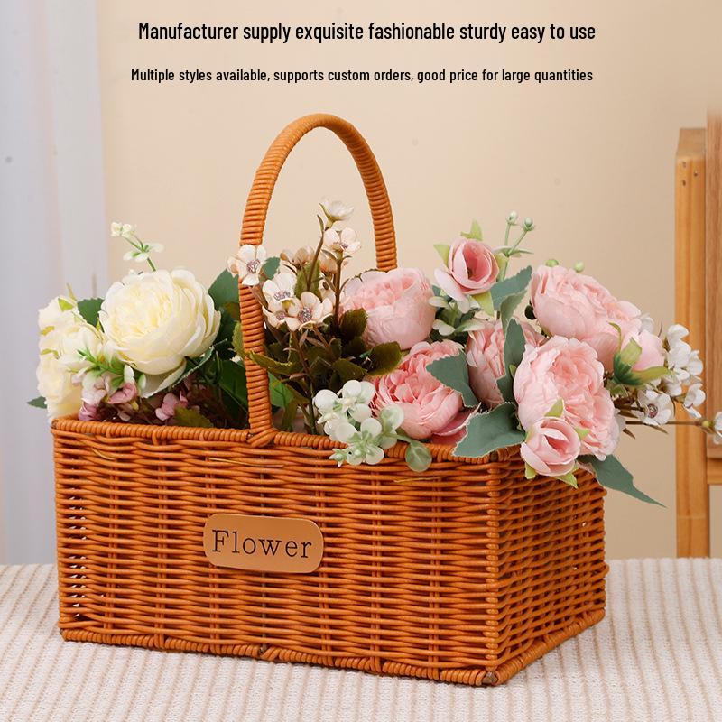 Imitation Rattan Woven Flower Basket: Handheld Arrangement, Living Room Decor, Photography Prop, Picnic, Pastoral, Flower Girl, Souvenir.