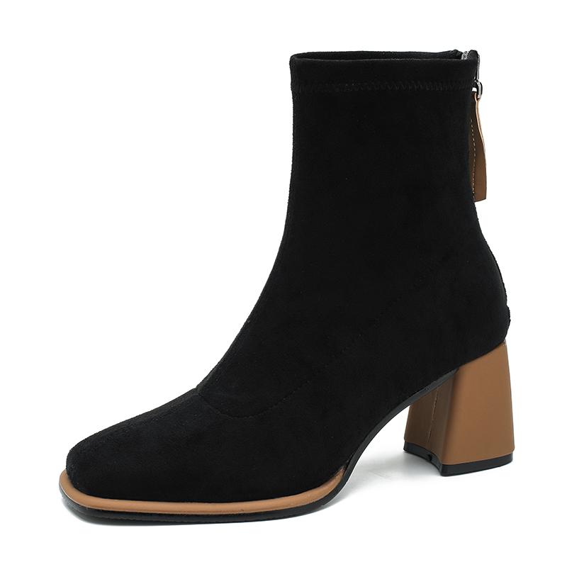 Mode Vintage Fyrkantig Tå Kvinnor Ankelstövlar Mode Dragkedjor Tjocka Klackar Skor Vinter Elegant Modern Kort Stövel