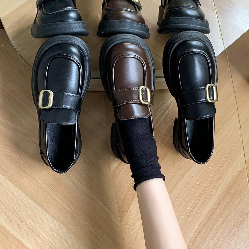 Round head Lun brown platform small leather shoes women's new autumn versatile skirt thick heel single shoes