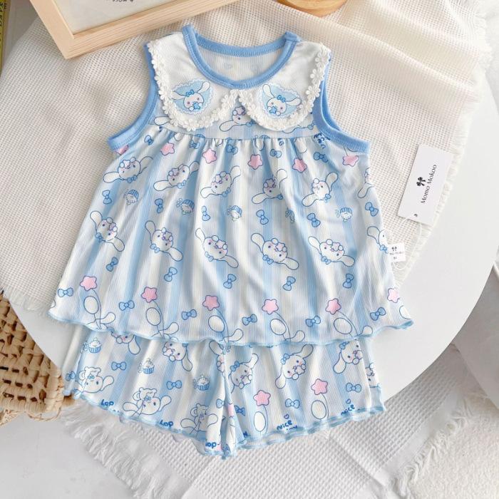 Girls Summer Ice Silk Sleeveless Vest and Shorts Set with Cute Peter Pan Collar