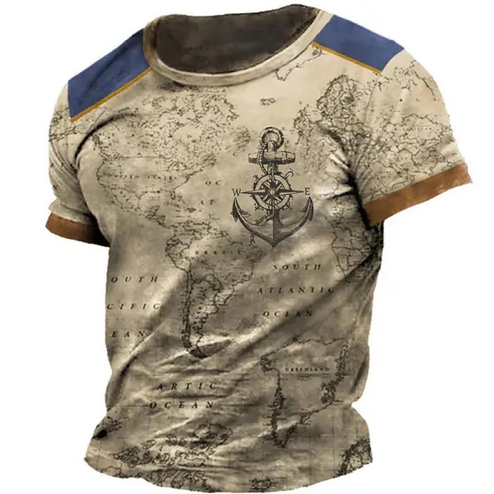 New Vintage T -Shirt Men's Summer Short -Sleeved Navigation Compass 3d Print Fashion British Men's Clothing Streetwear