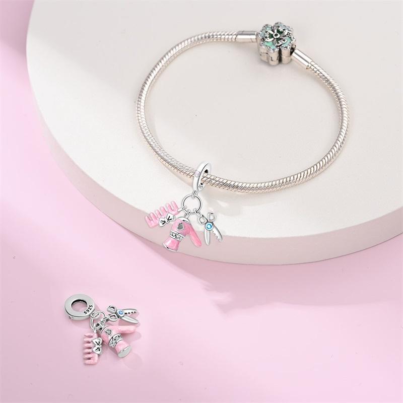Bellissimo Ciondolo Combinato Asciugacapelli&Pettine&Forbici Rosa Rame Per Braccialetti Fai da Te Gioielli Serie Parrucchiere