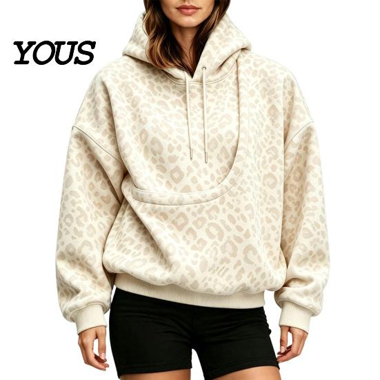 Women Oversized Hoodie Leopard Print Pet Carrier for Women, Hooded Sweatshirt Dog Hands Free & Cat Carrying, Long Sleeve Pullover Top with