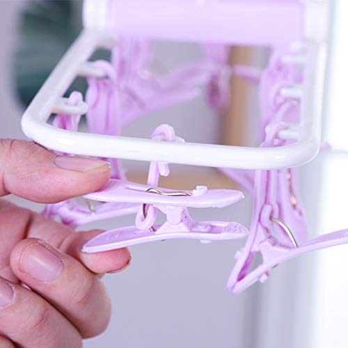 Foshine Folding Stainless Steel Clothes Drying Hanger, 2-Pack, 24 Clothes Pinch Hangers, Portable Hanger, Travel Hanger, Blue, Purple