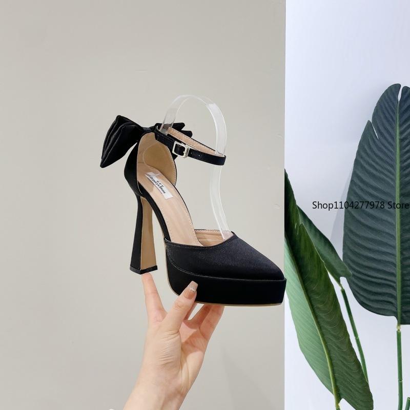 Fashion High Heels Women 2025 Summer New Fashion Satin Face High Heel Sandals Bow One Word Buckle Pointed Toe Thick Heel Women's Shoes