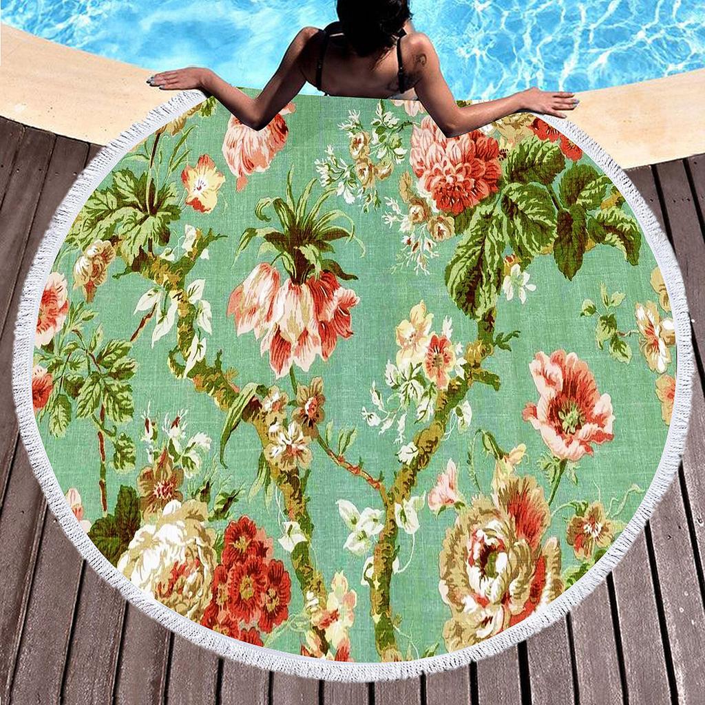 Botanical Floral Round Beach Towel Boho Flower Farmhouse Beach Blanket Pool Towels For Picnic Soft Sand Free Absorbent Yoga Mat