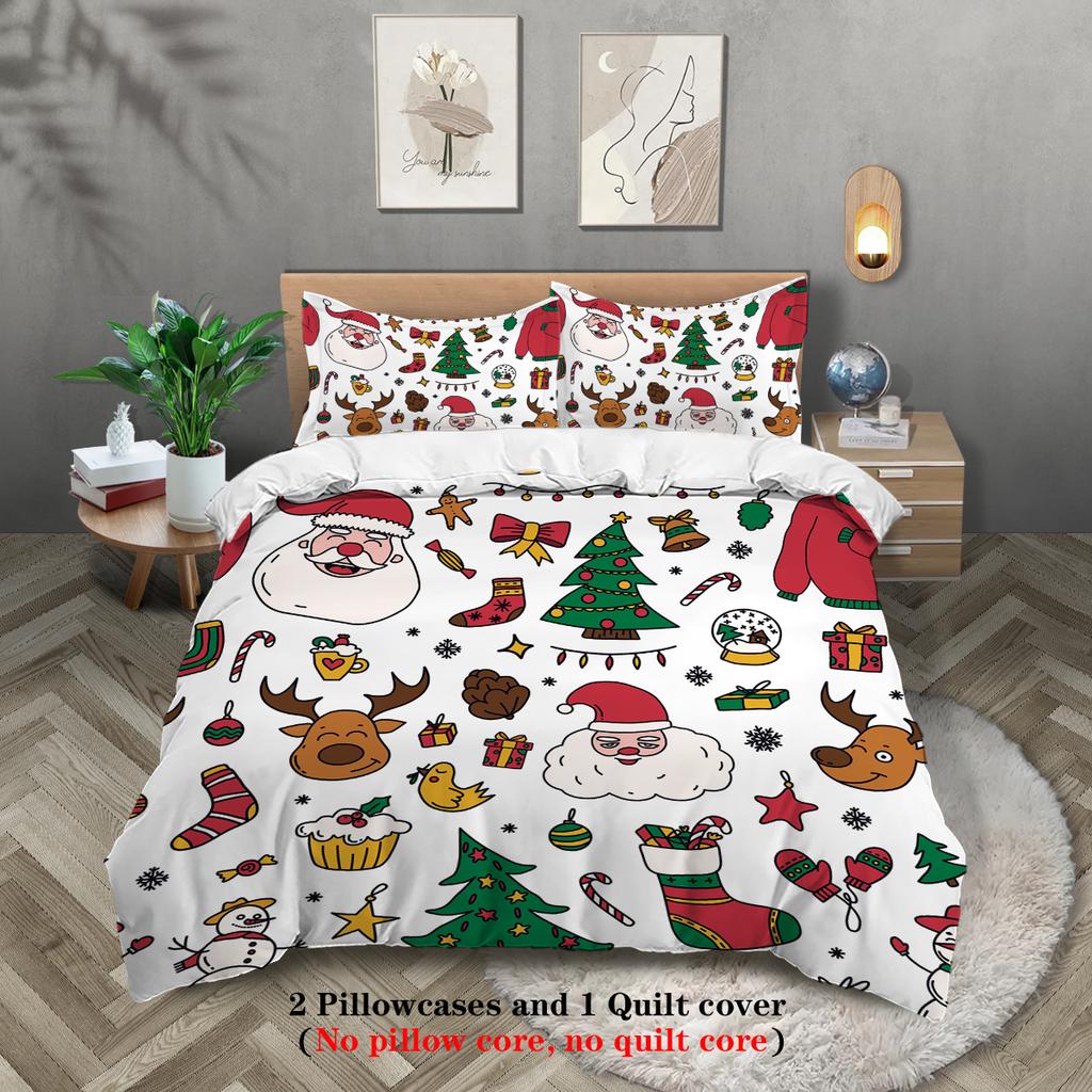 3-piece Christmas themed Santa Claus print (1 duvet cover+2 pillowcases, no core) soft and comfortable bedding set