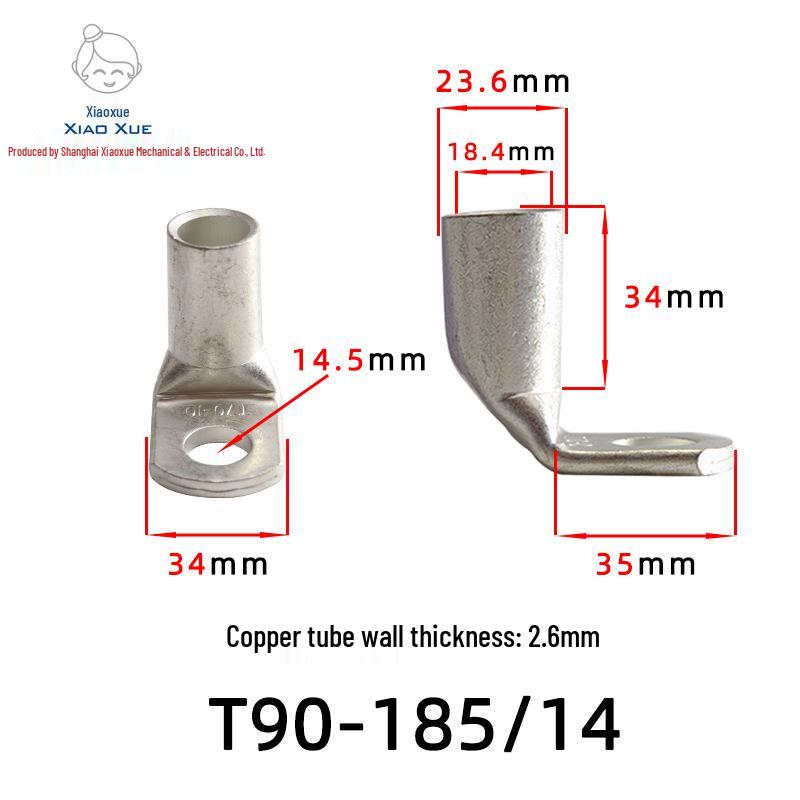 T90 Copper Tube Terminal, 90-Degree Right-Angle Bend Crimp Lug, T90-6/5 to T90-240/16 Copper Wire Lug