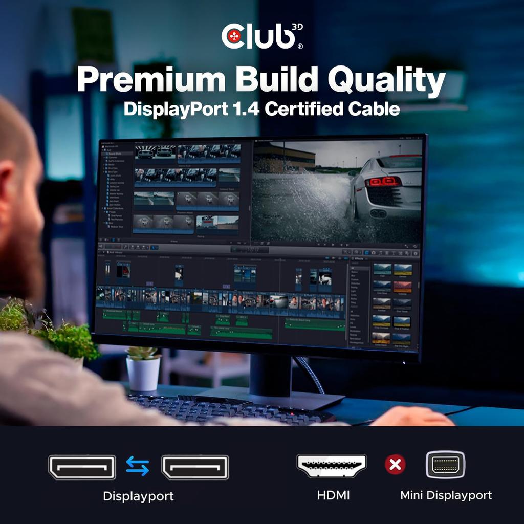 Club3D DisplayPort 1.4 HBR3 8K 60Hz Male/Male 2m 28AWG Display VESA Certified Cable (CAC-2068)