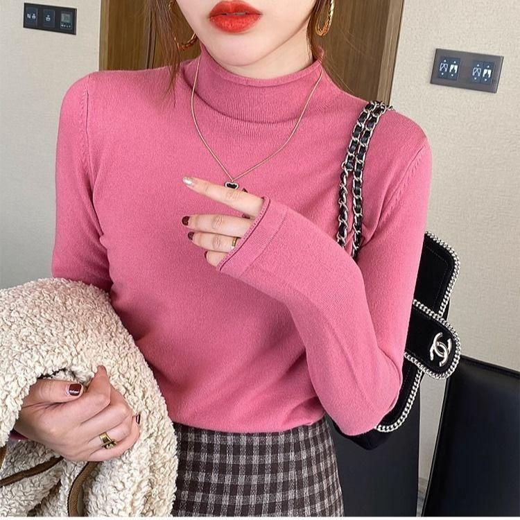 Herbst Winter Damen Rollkragen Strick Basic Shirt Weich Warm Einfarbig Pullover Slim Fit Dehnbares Strickoberteil Strick T-Shirt