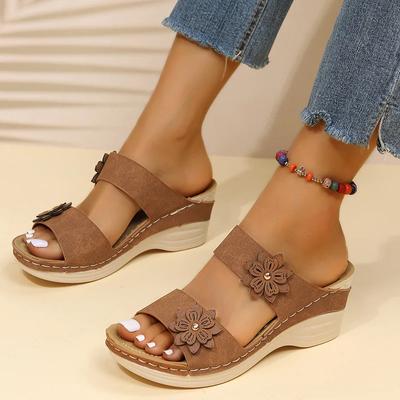 Fashion Summer New Cool Slippers Large Solid Color Casual Flower Thick Bottom Slope Heel Women's Slippers Fashion