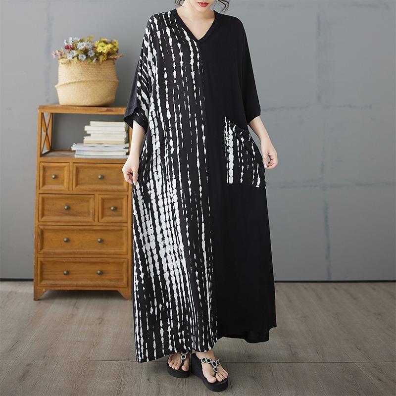 Summer new cotton and linen literary and retro contrasting colors loose V-neck foreign trade dress women's clothing